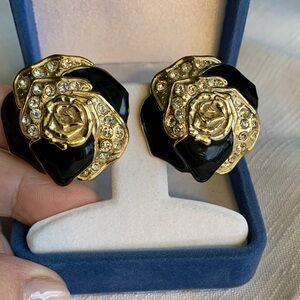 Whiting & Davis Black and Gold With Rinestones Flower Pierced Earrings